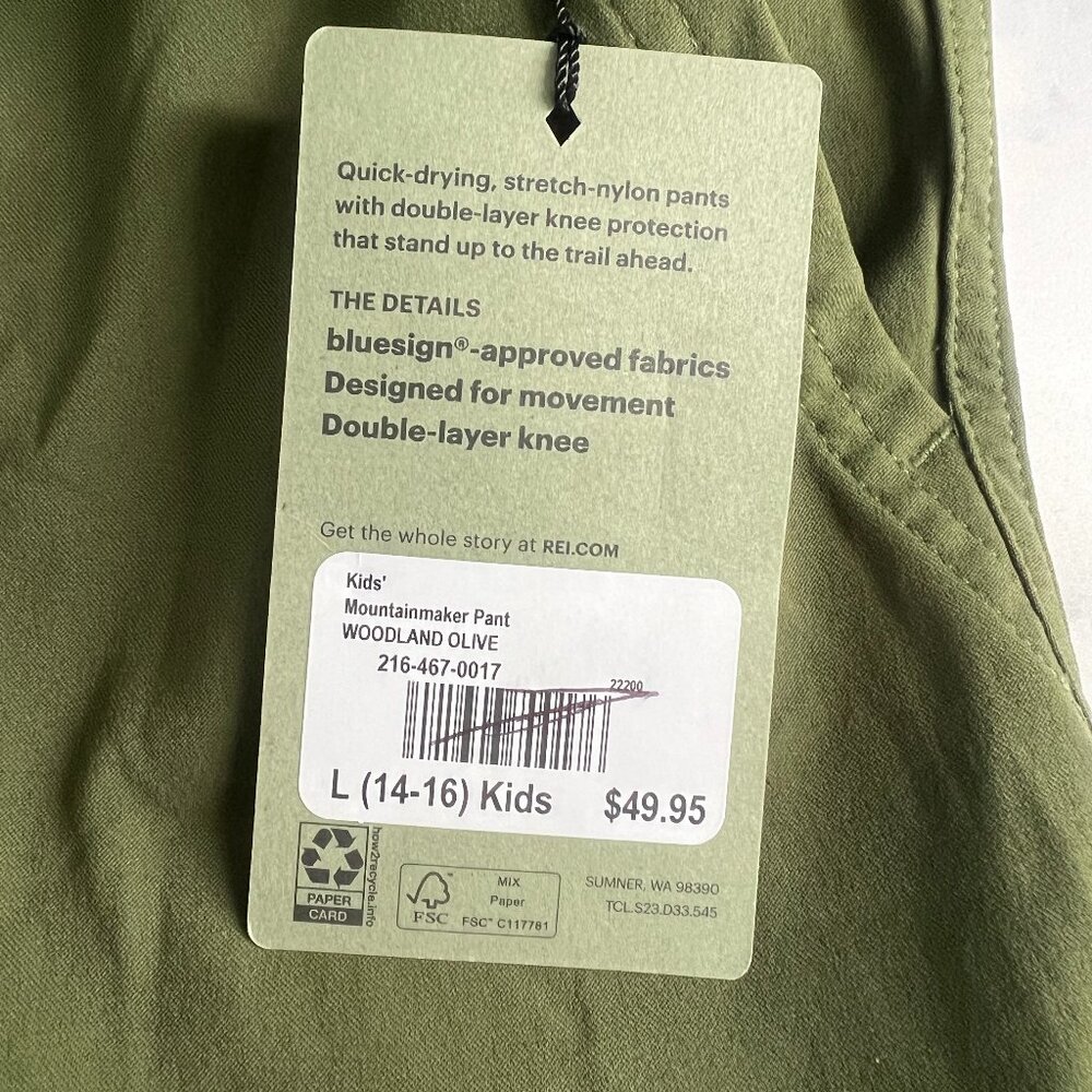 NWT REI Kids' Mountainmaker Pants, Woodland Olive, Size L (14-16) - Picture 8 of 8